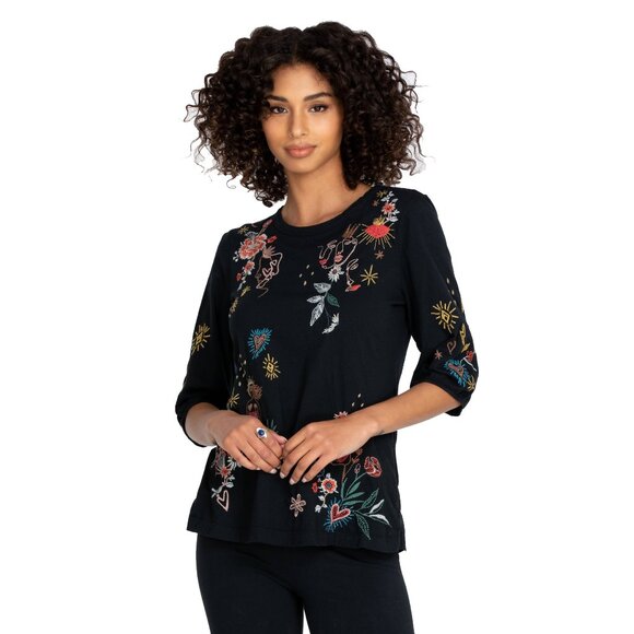 Johnny Was Ruth Puff Sleeve Floral Embroidered Tee Cotton Shirt Black Top NEW - Picture 1 of 7